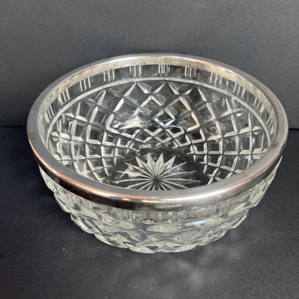 VTG Heavy Cut Glass Serving Bowl with Silver Plated Rim Large 8.25" Made England